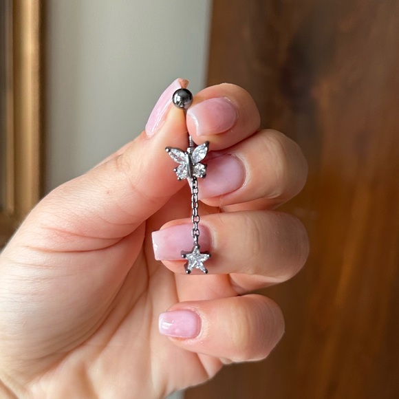 CZ stainless steel butterfly dangle gunmetal belly button ring - Picture 3 of 4